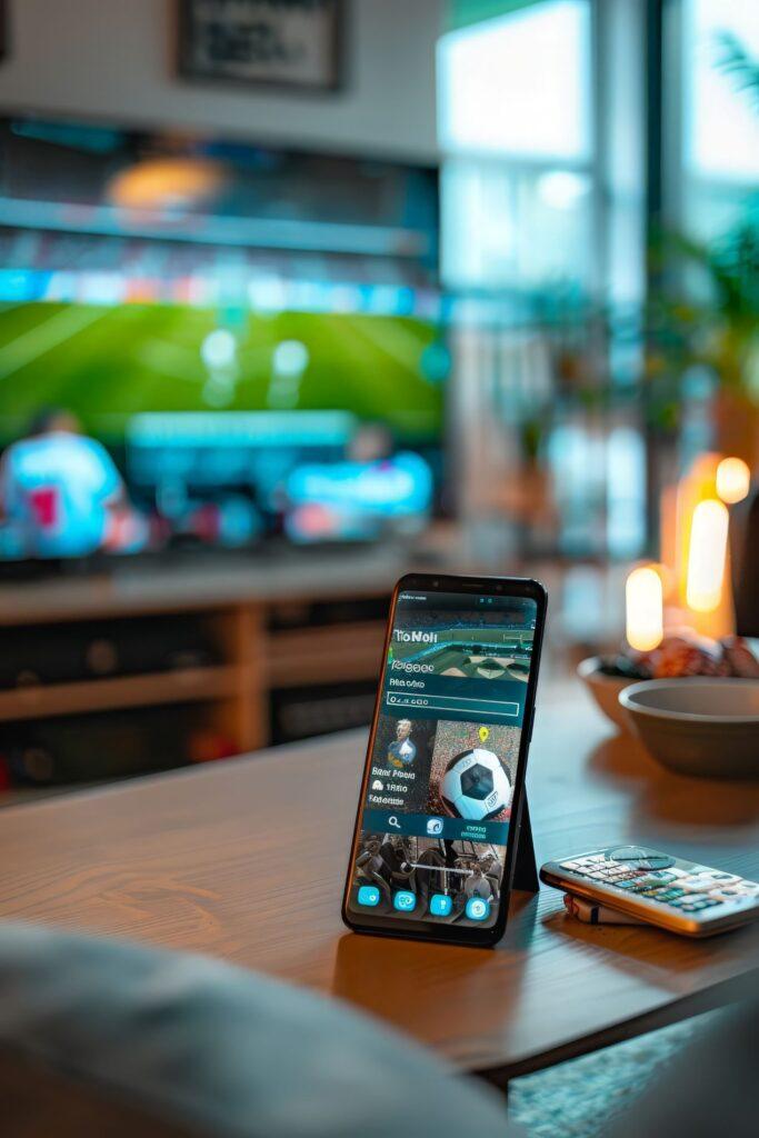 Ein Smartphone mit einer Sportwetten-App steht auf einem Tisch, während im Hintergrund ein Fußballspiel läuft – Thema: Tipico Geld zurückfordern.