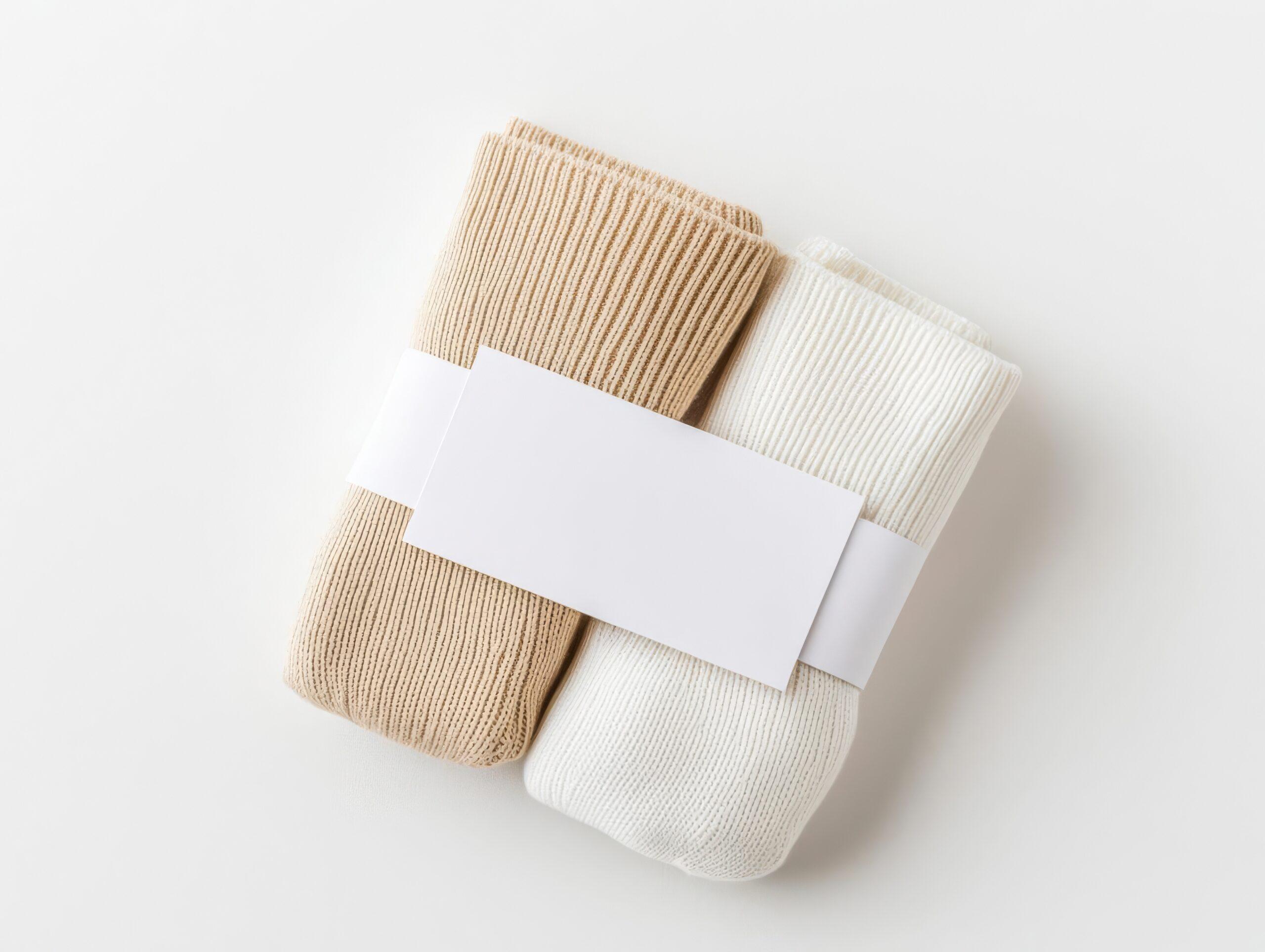 Zwei Paar beige und weiße Socken mit schlichtem Banderolen-Etikett – ein Beispiel für nachhaltige Produktkennzeichnung. Etiketten drucken lassen für hochwertige Verpackungslösungen.